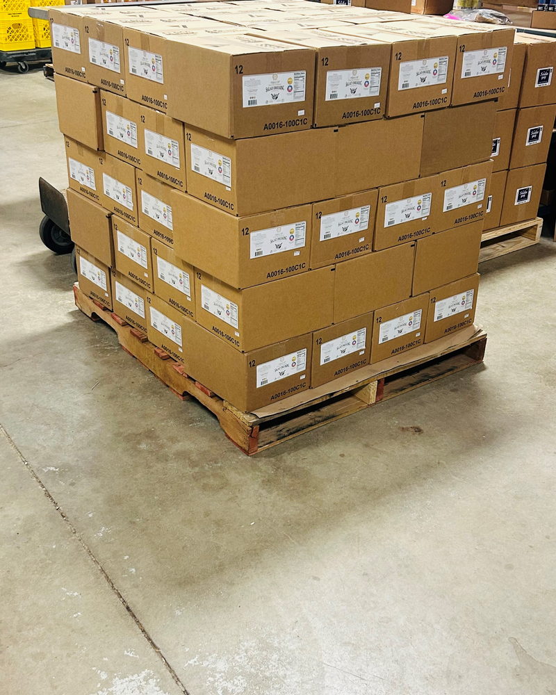 Hollyhock Hill finished product cases stacked on a pallet